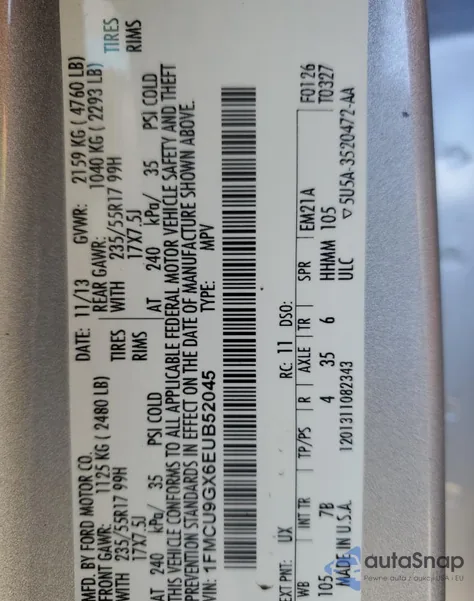 2014 Ford Escape Se z USA, uszkodzony, nr VIN 1FMCU9GX6EUB52045